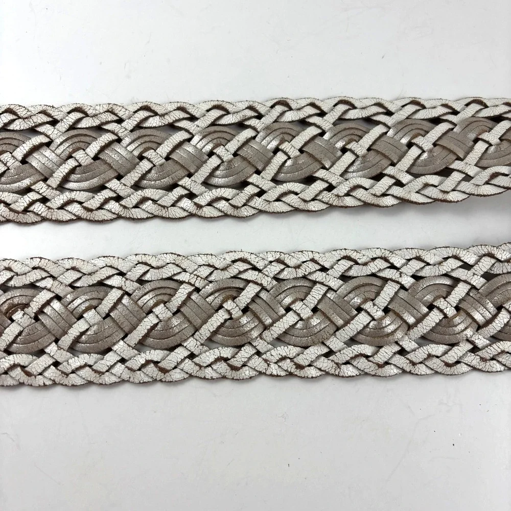 Hollister Braided Belt Womens M/L White Tan Genuine Leather Woven Wide Boho Y2K